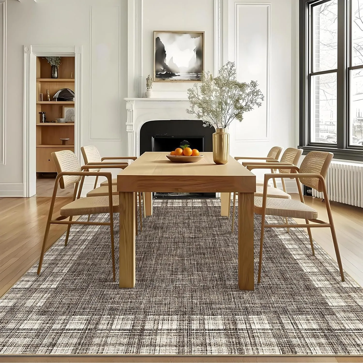 Washable Area Rug 5x7 Plaid Rugs for Living Room Non Slip Throw Rugs Checkered Soft Rug Low Pile Thin Rug Indoor Floor Carpet for Bedroom Home Decor, Brown