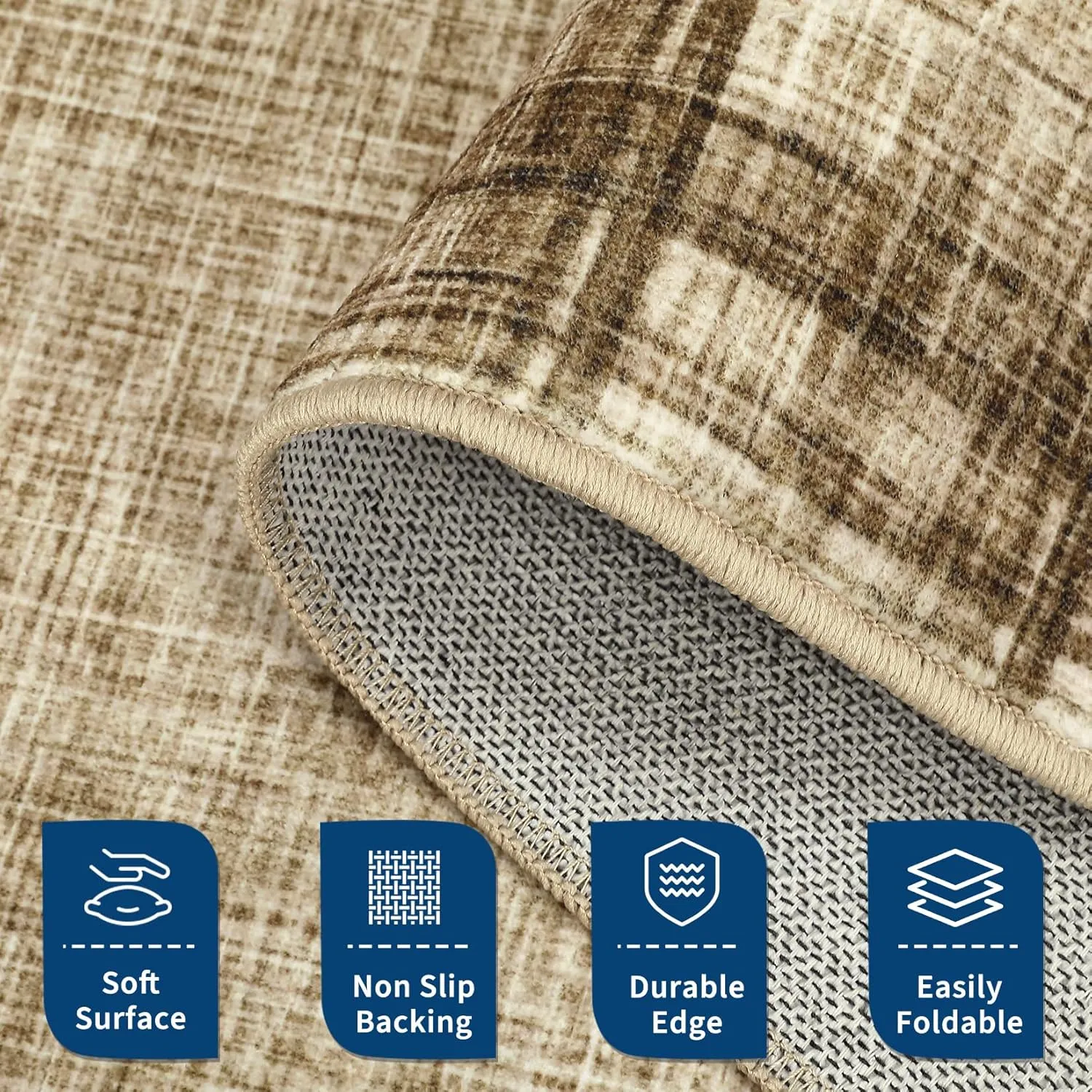 Washable Area Rug 5x7 Plaid Rugs for Living Room Non Slip Throw Rugs Checkered Soft Rug Low Pile Thin Rug Indoor Floor Carpet for Bedroom Home Decor, Jute