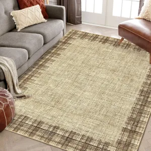 Washable Area Rug 5x7 Plaid Rugs for Living Room Non Slip Throw Rugs Checkered Soft Rug Low Pile Thin Rug Indoor Floor Carpet for Bedroom Home Decor, Jute