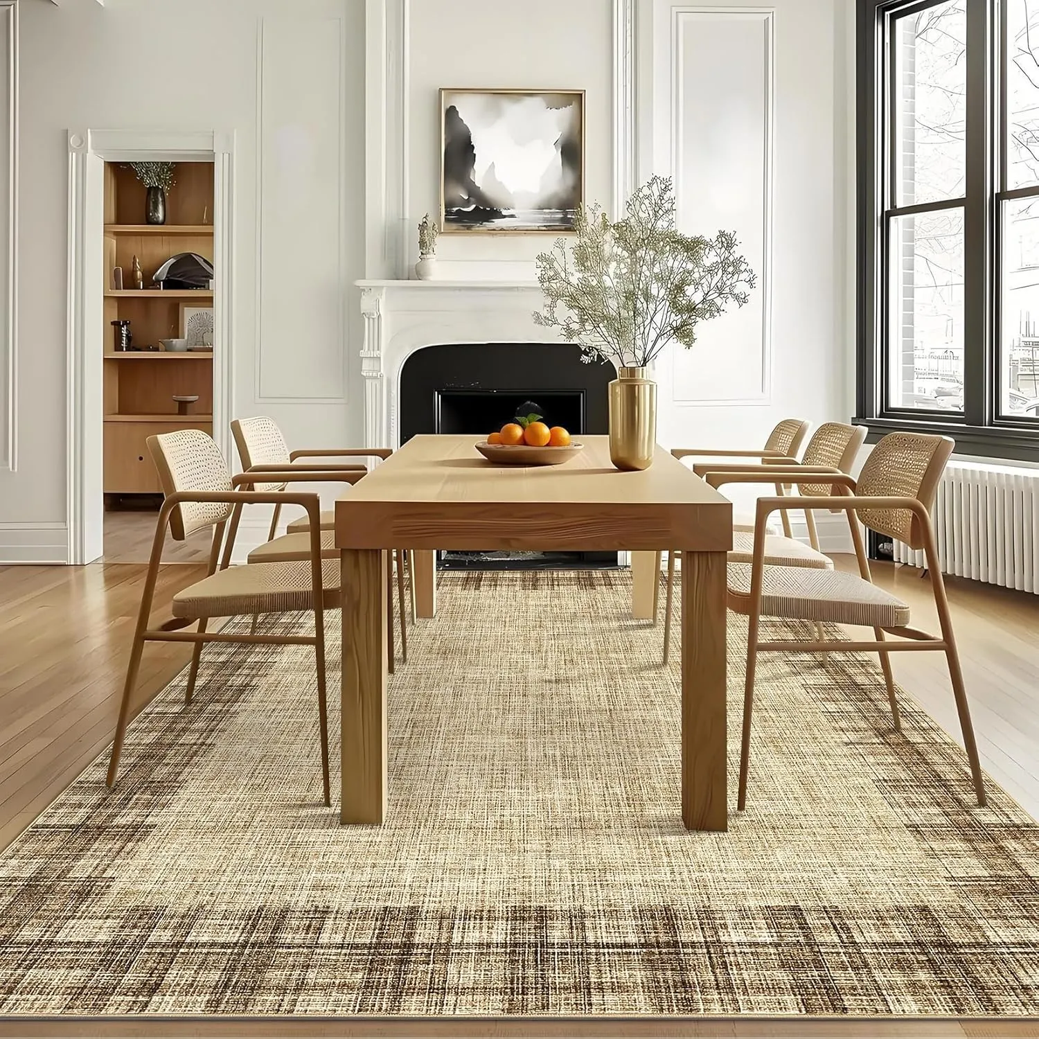 Washable Area Rug 5x7 Plaid Rugs for Living Room Non Slip Throw Rugs Checkered Soft Rug Low Pile Thin Rug Indoor Floor Carpet for Bedroom Home Decor, Jute