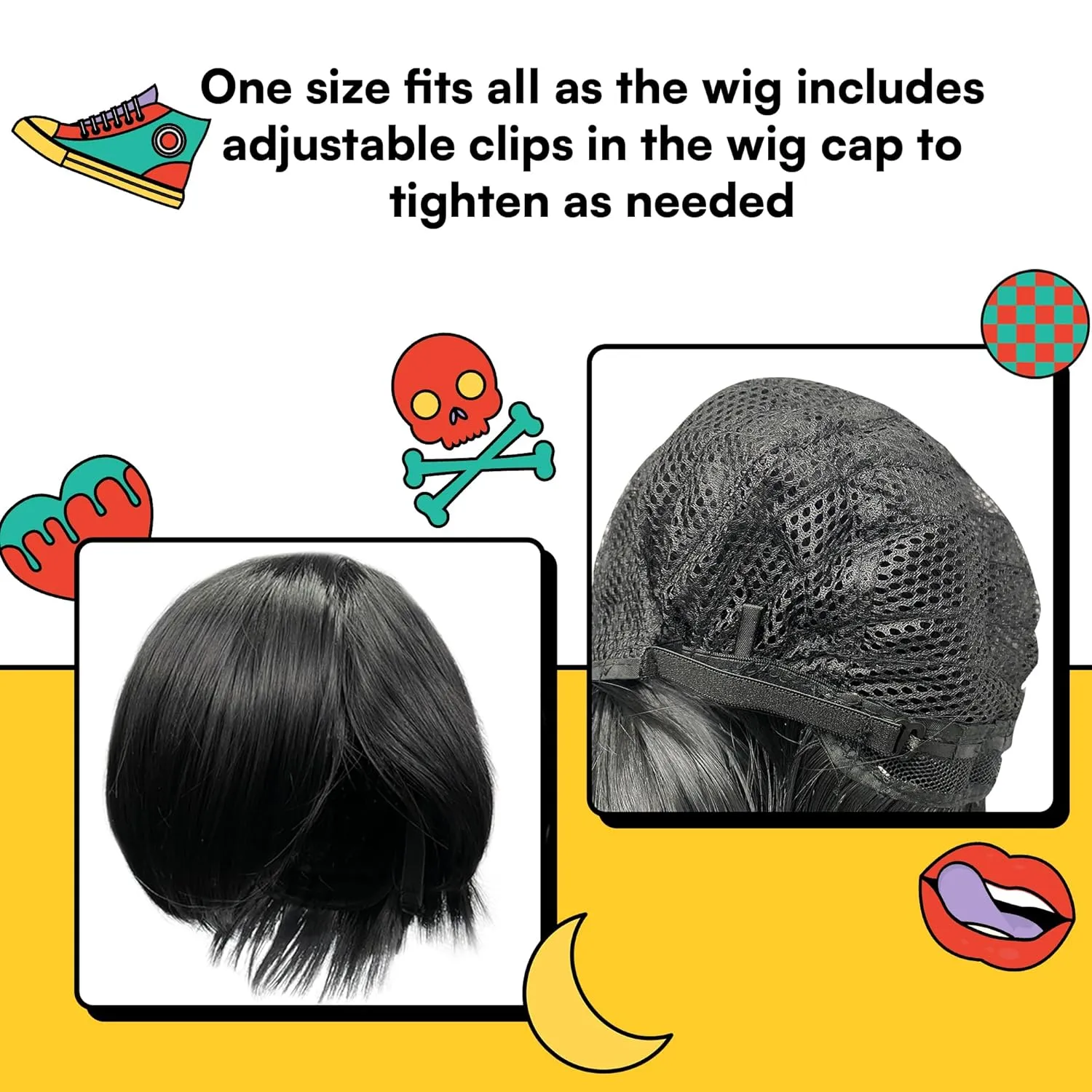 Watt's Wigs - Emo Costume Set for Men - 2000s Goth Pop Punk Scene Kid Party - Black Wig, Fake Piercings, Checkered Wristbands, Fishnet Gloves, and Studded Bracelet