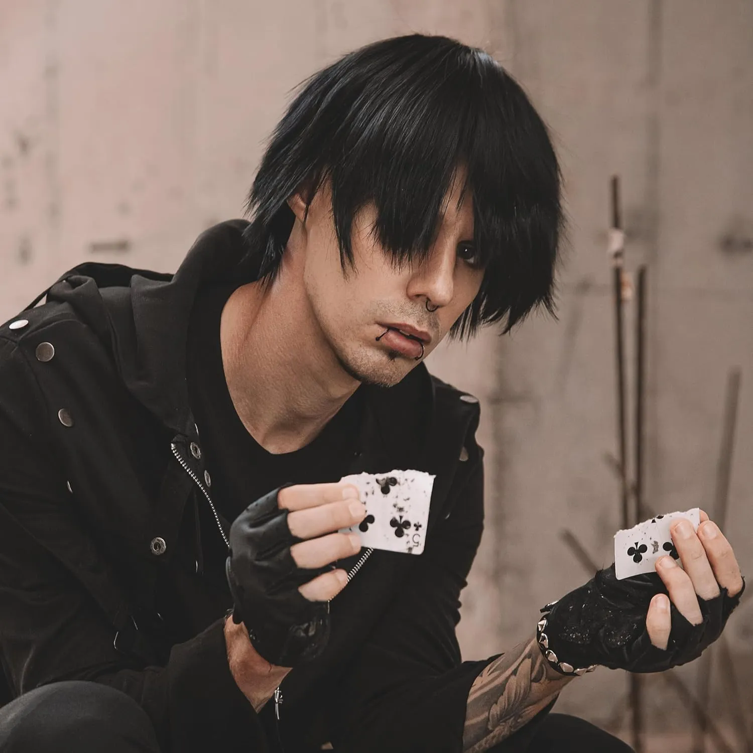Watt's Wigs - Emo Costume Set for Men - 2000s Goth Pop Punk Scene Kid Party - Black Wig, Fake Piercings, Checkered Wristbands, Fishnet Gloves, and Studded Bracelet