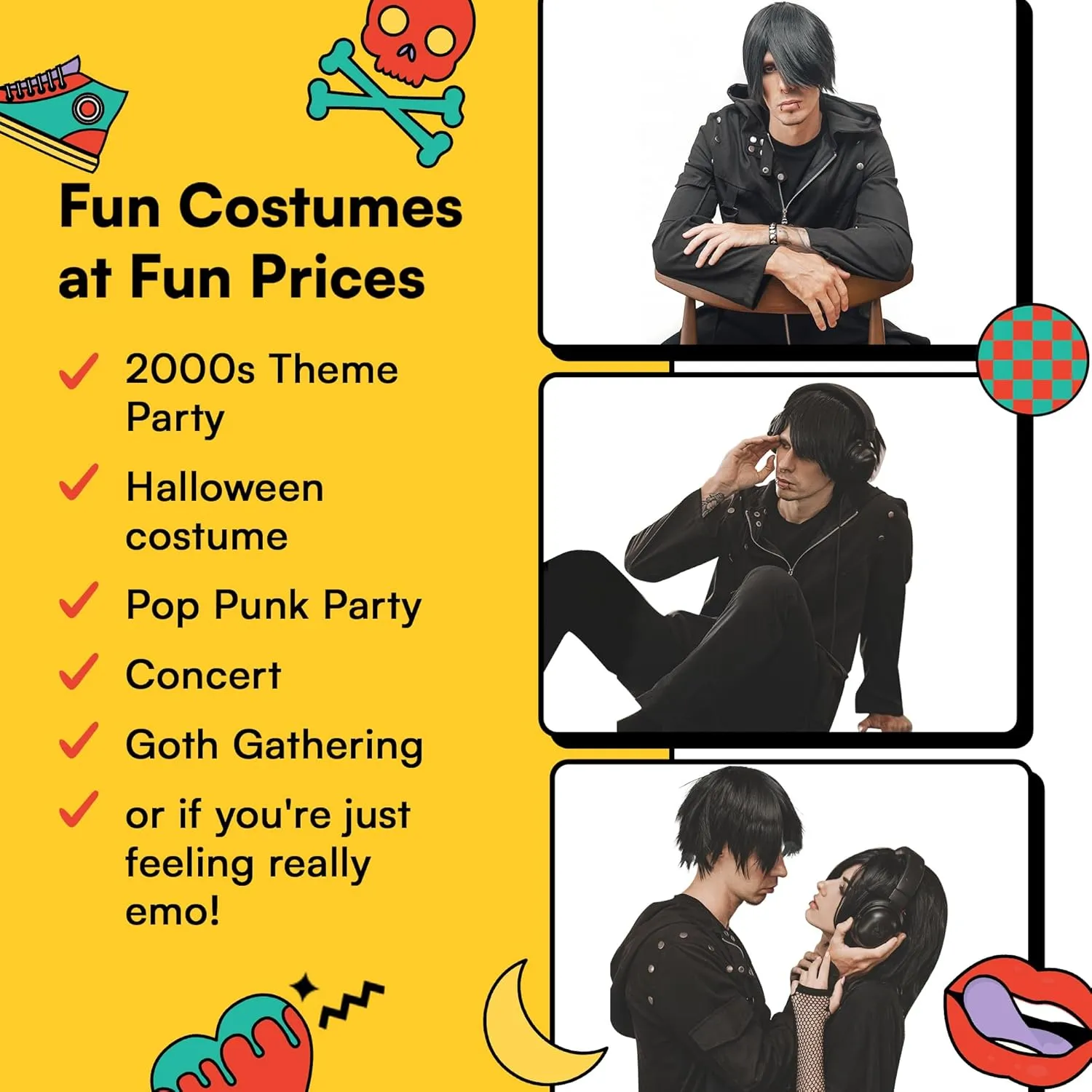 Watt's Wigs - Emo Costume Set for Men - 2000s Goth Pop Punk Scene Kid Party - Black Wig, Fake Piercings, Checkered Wristbands, Fishnet Gloves, and Studded Bracelet