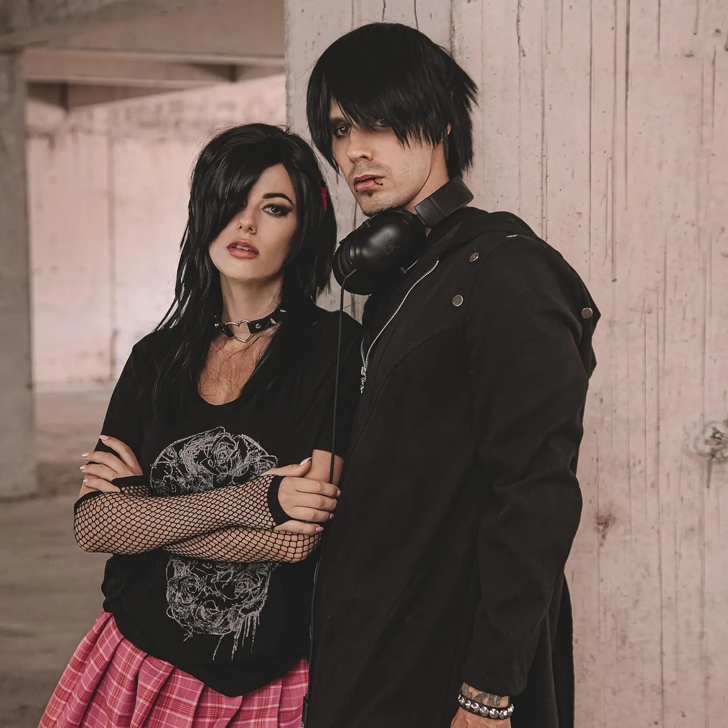 Watt's Wigs - Emo Costume Set for Men - 2000s Goth Pop Punk Scene Kid Party - Black Wig, Fake Piercings, Checkered Wristbands, Fishnet Gloves, and Studded Bracelet