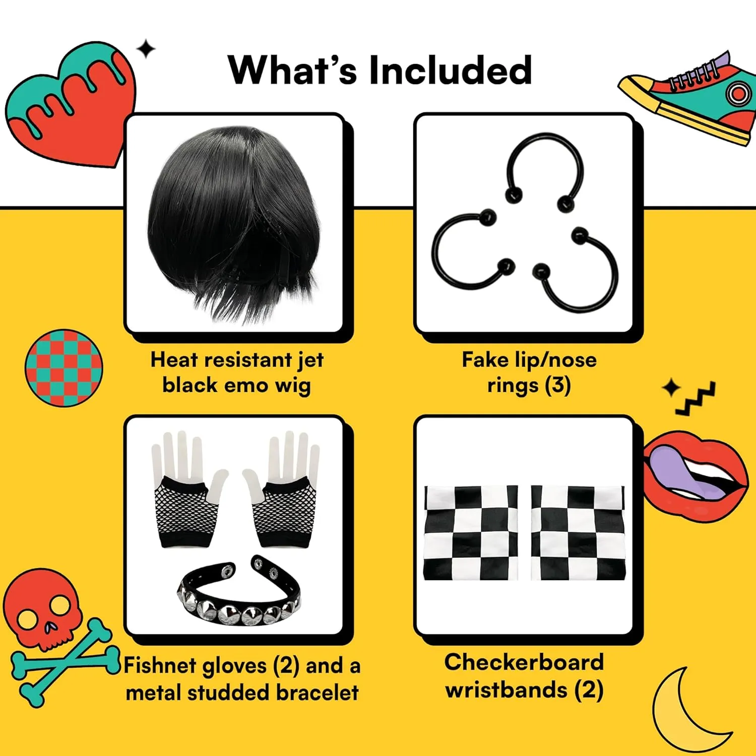 Watt's Wigs - Emo Costume Set for Men - 2000s Goth Pop Punk Scene Kid Party - Black Wig, Fake Piercings, Checkered Wristbands, Fishnet Gloves, and Studded Bracelet