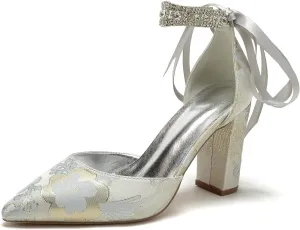 Wedding Shoes for Bride Closed Toe Block Heel Womens High Heels Pointed Toe Pumps Bridal Shoes Bowknot Strap Pearl Sandals Floral Satin Evening,Silver,9
