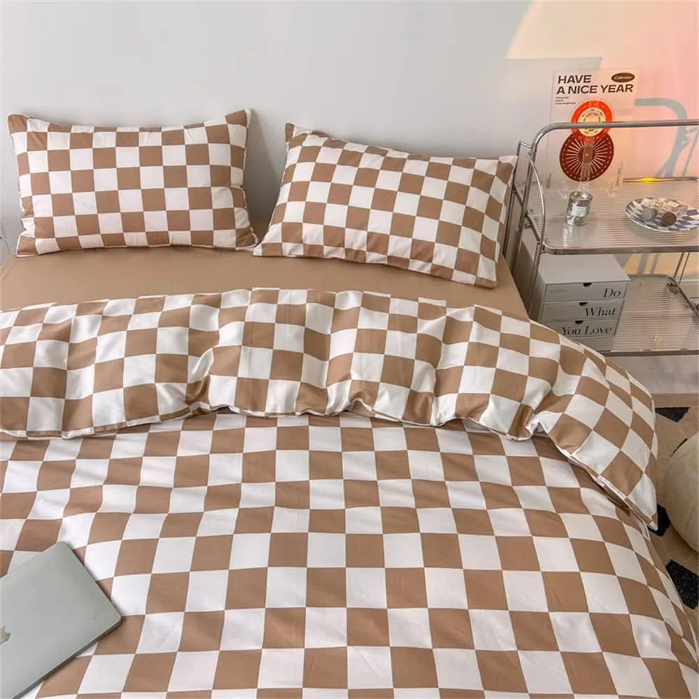 Wellboo Light Brown Plaid Comforter Sets Twin Women Men Cream Coffee and White Checkerboard Grid Bedding Comforters Cotton Boys Girls Modern Light Taupe Checkered Geometric Quilts Luxury Abstract Bed
