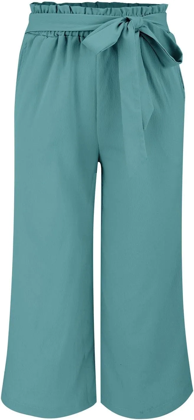 Wide Leg Capri Pants for Women High Waisted Adjustable Bow Tie Palazzo Pants Dressy Casual Flowy Capris with Pockets