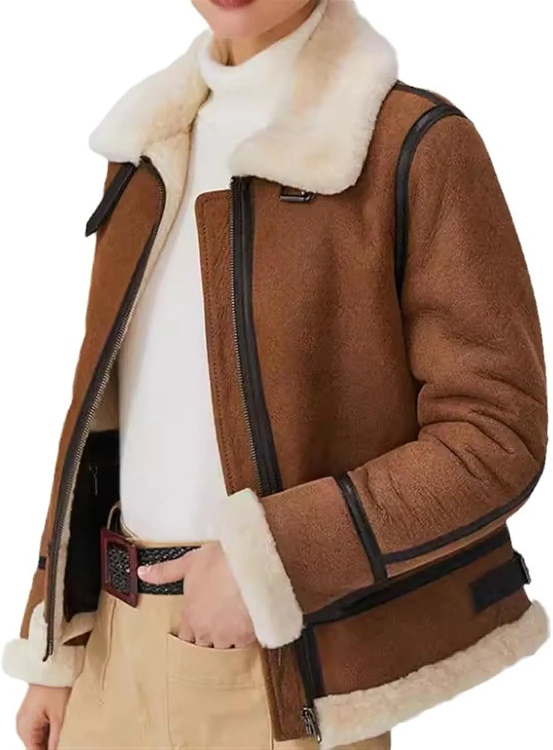 Winter Aviator Leather Coat Outerwear, Winter Shearling Fluffy Coat, Cropped Bomber Jacket