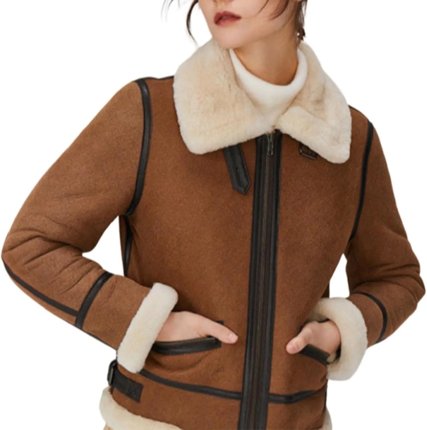 Winter Aviator Leather Coat Outerwear, Winter Shearling Fluffy Coat, Cropped Bomber Jacket
