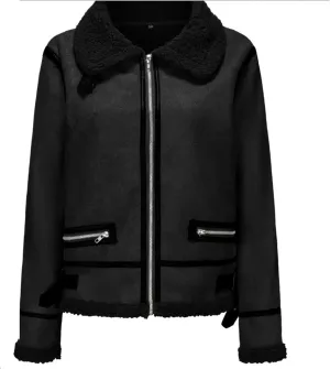Winter Aviator Leather Coat Outerwear, Winter Shearling Fluffy Coat, Cropped Bomber Jacket