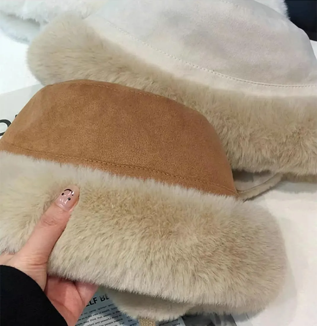 Winter Suede Bucket Hat with Ear Flaps Women Men Fuzzy Beanie Hat Faux Fur Fisherman Cap Beanies Hat Cloche Aviator Caps