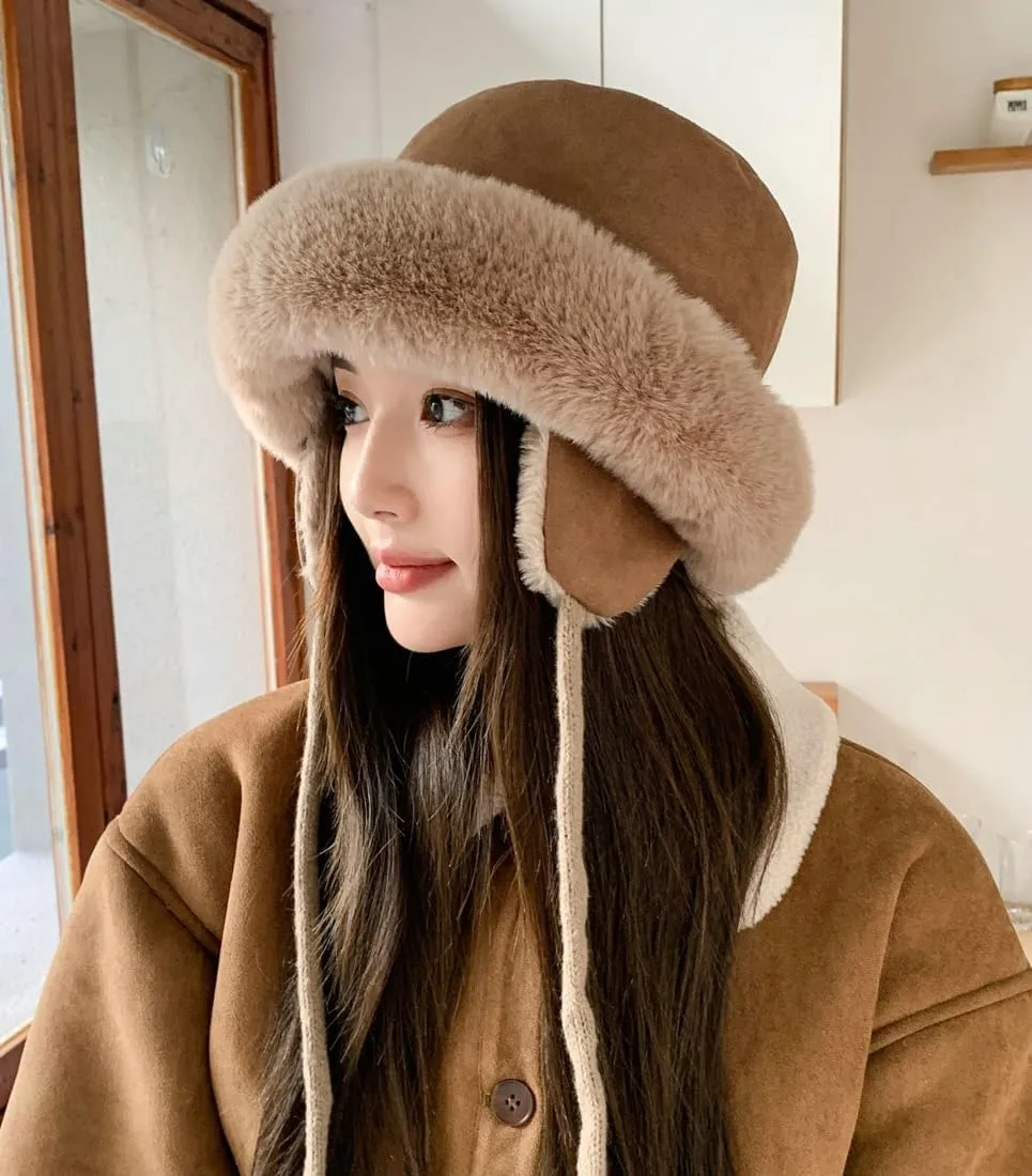 Winter Suede Bucket Hat with Ear Flaps Women Men Fuzzy Beanie Hat Faux Fur Fisherman Cap Beanies Hat Cloche Aviator Caps