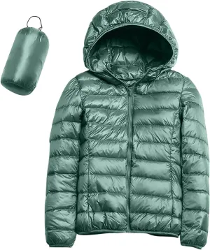 Women Packable Lightweight Full-Zip Puffer Jacket with Hood Quilted Winter Down Coat Ski Jacket Coat Puffer Jacket Womens