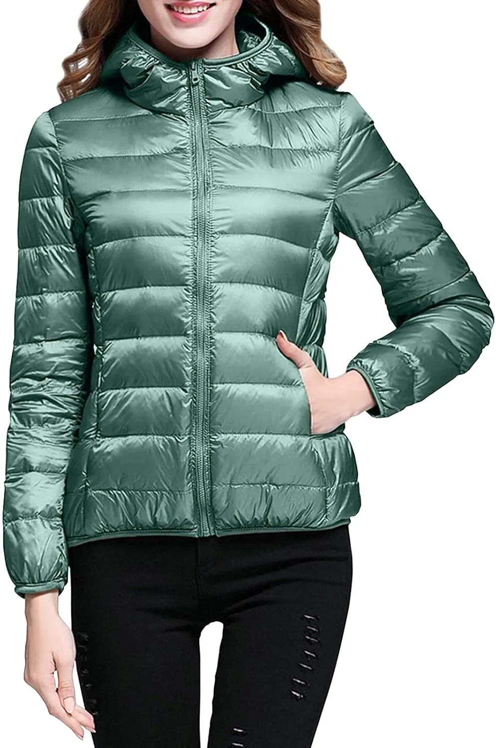 Women Packable Lightweight Full-Zip Puffer Jacket with Hood Quilted Winter Down Coat Ski Jacket Coat Puffer Jacket Womens