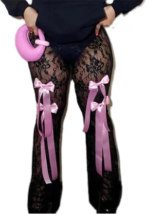 Women Y2k Sexy Lace Pants See Through Flare Bottom Hollow Out Floral Mesh Leggings Rave Vintage Coquette Streetwear