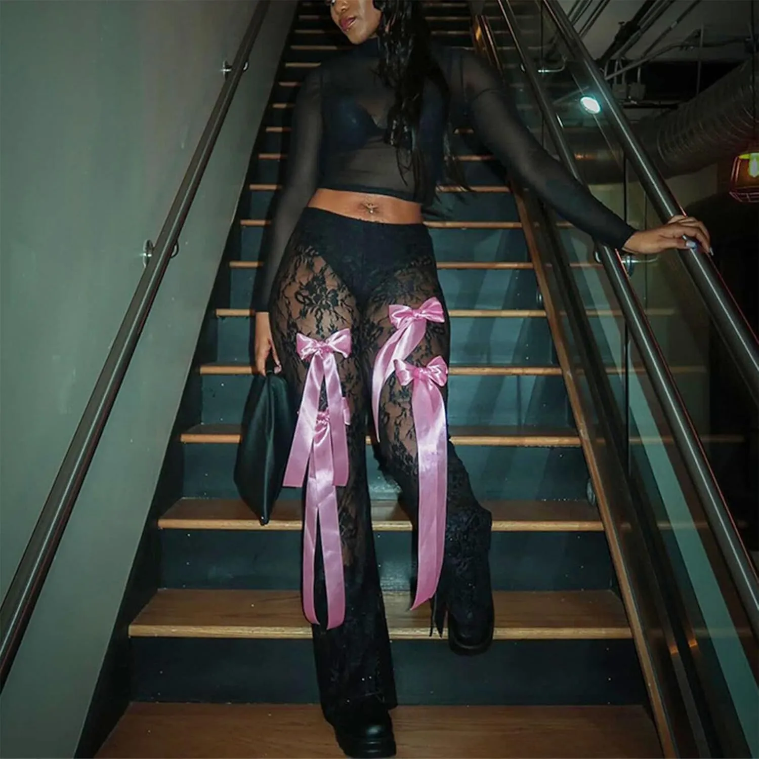 Women Y2k Sexy Lace Pants See Through Flare Bottom Hollow Out Floral Mesh Leggings Rave Vintage Coquette Streetwear