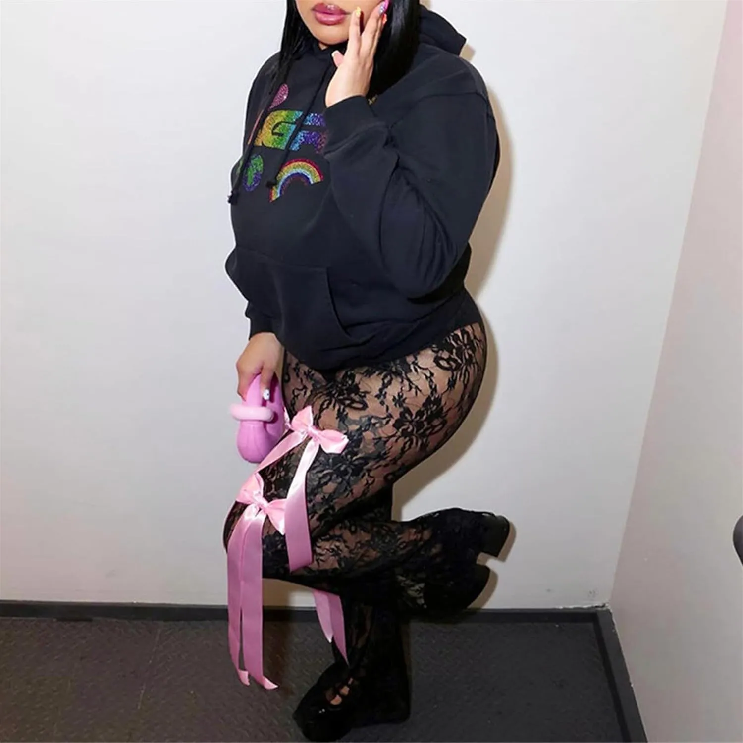 Women Y2k Sexy Lace Pants See Through Flare Bottom Hollow Out Floral Mesh Leggings Rave Vintage Coquette Streetwear