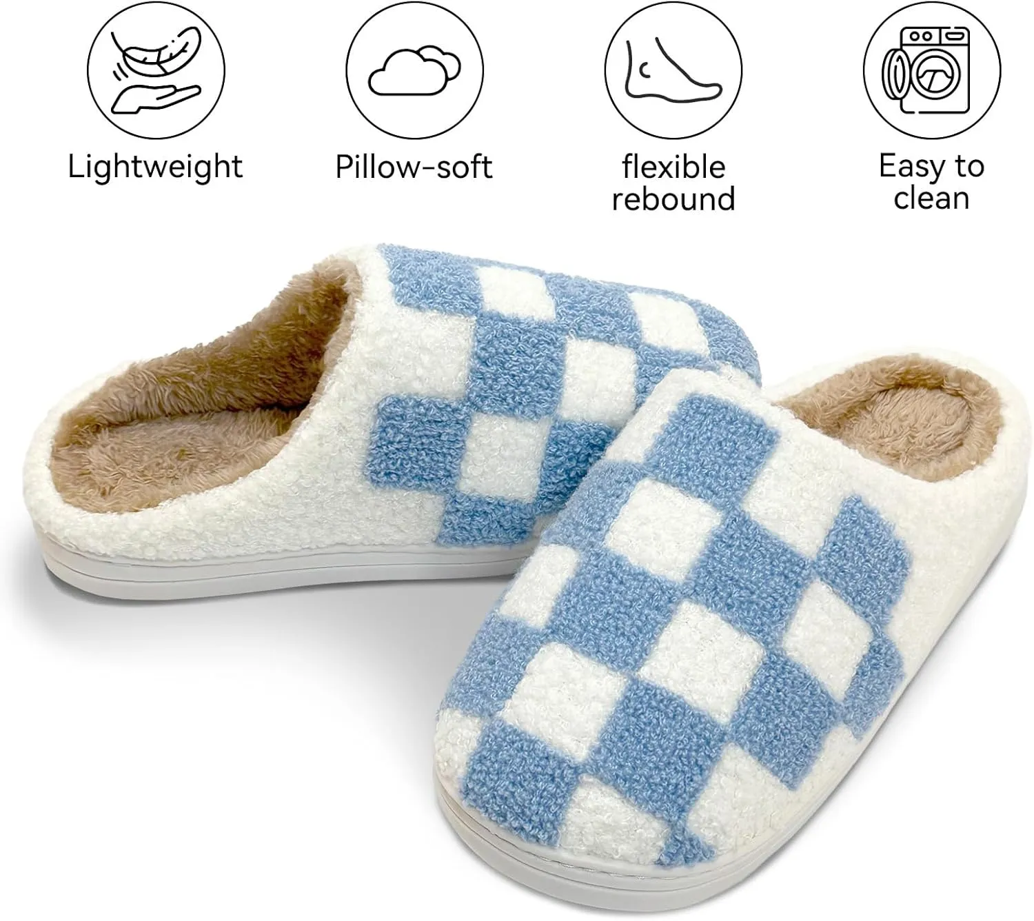 Women's Checkered Memory Foam Slippers - Soft Fuzzy Indoor & Outdoor Cute Casual Slippers