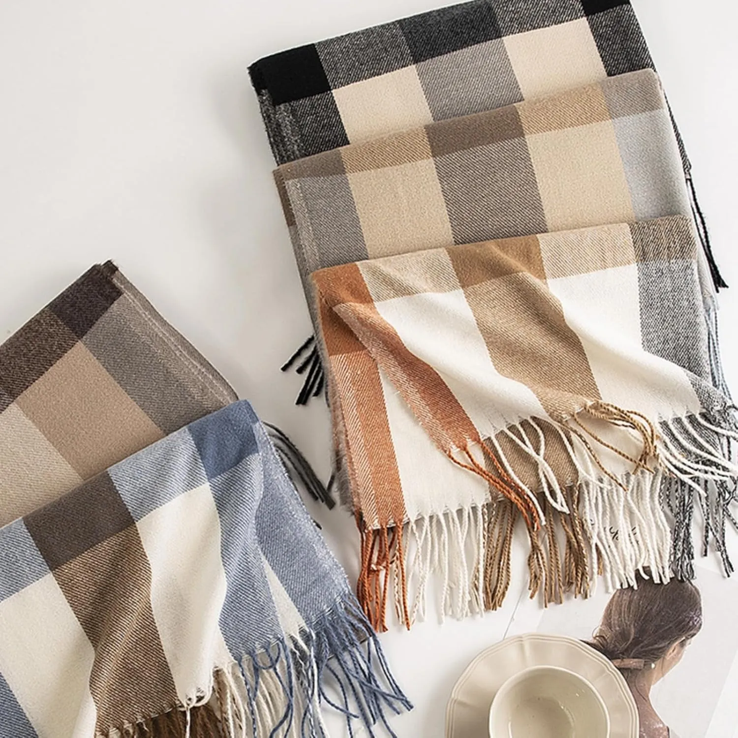 Women's Checkered Scarf, Trendy Grid Scarf, Autumn & Winter Plaid Shawl