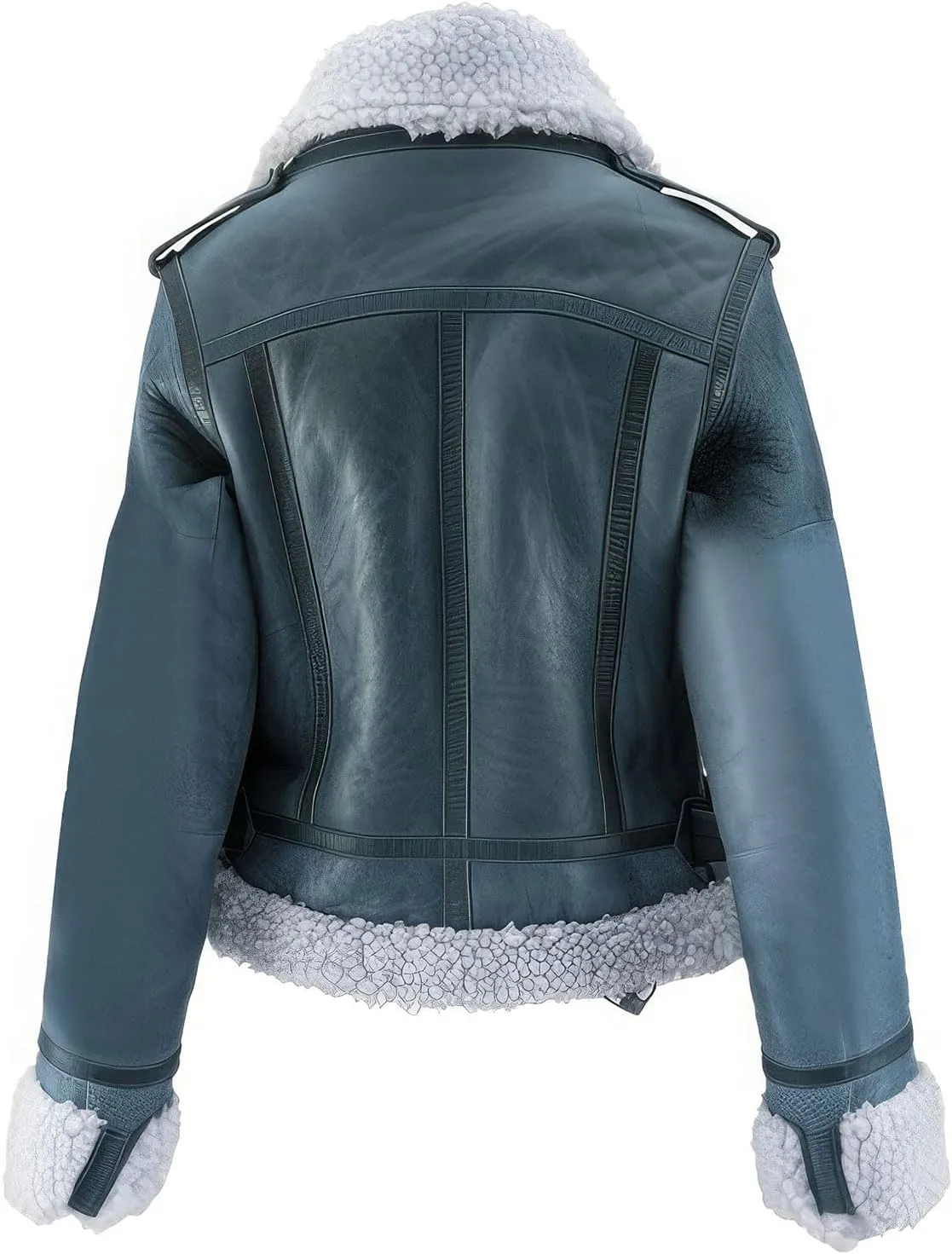 Women’s Dusty Blue Genuine Suede Soft Sherpa Shearling Faux Fur Collar Slim-fit Warm Zip-up Flight Aviator Leather Jacket