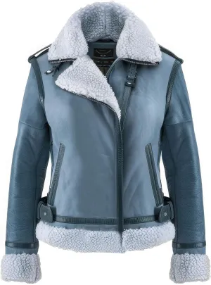 Women’s Dusty Blue Genuine Suede Soft Sherpa Shearling Faux Fur Collar Slim-fit Warm Zip-up Flight Aviator Leather Jacket