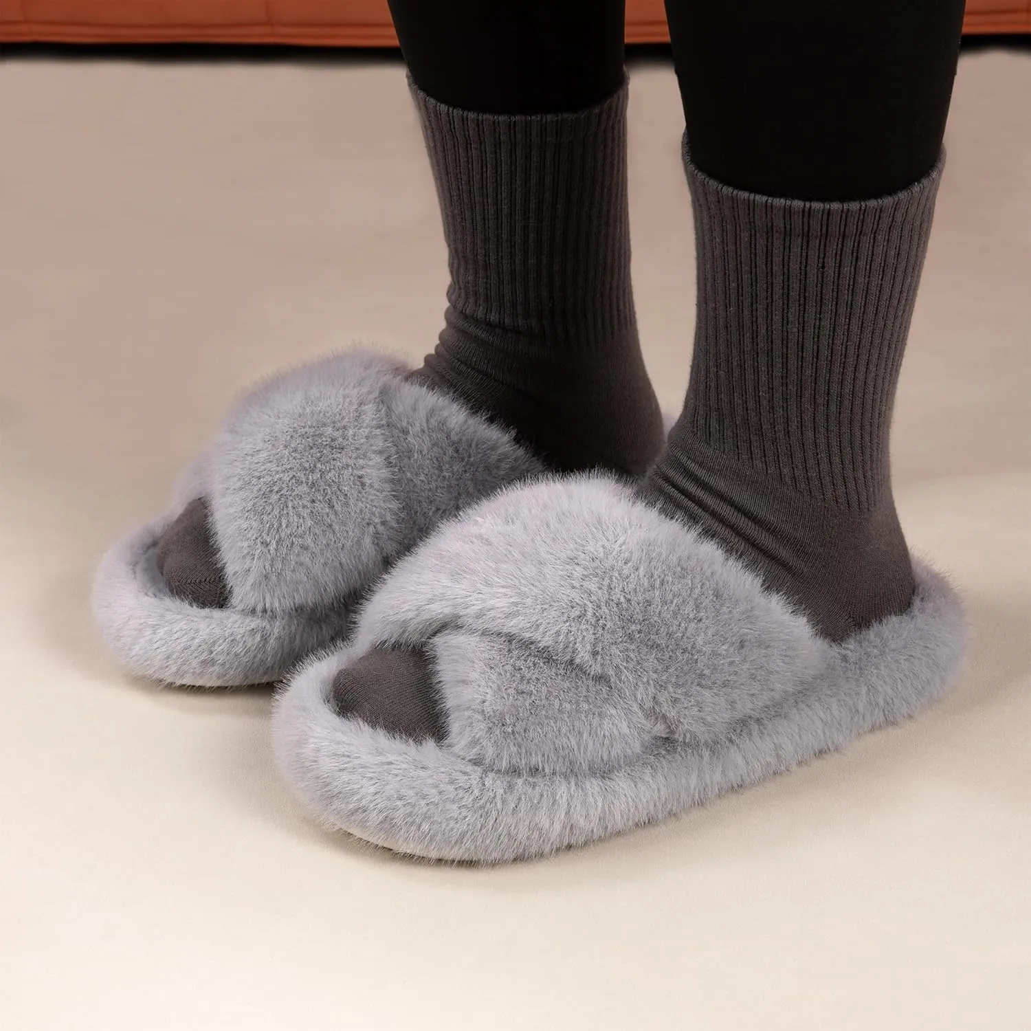 Women's Fuzzy Slippers House Slippers Memory Foam Bedroom Shoes Open Toe, Cross Band