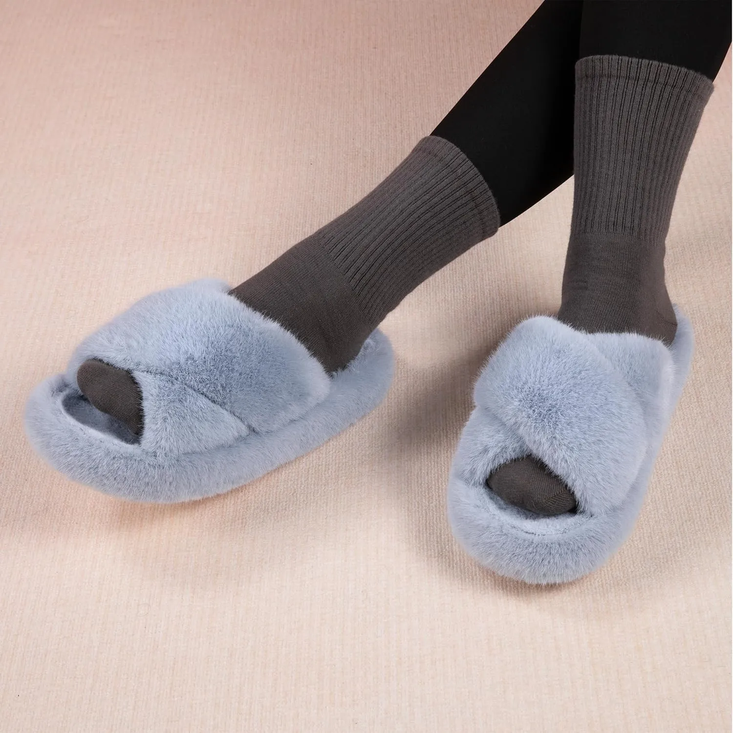 Women's Fuzzy Slippers House Slippers Memory Foam Bedroom Shoes Open Toe, Cross Band