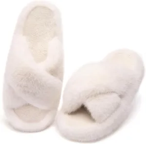 Women's Fuzzy Slippers House Slippers Memory Foam Bedroom Shoes Open Toe, Cross Band