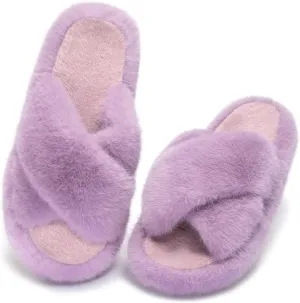 Women's Fuzzy Slippers House Slippers Memory Foam Bedroom Shoes Open Toe, Cross Band