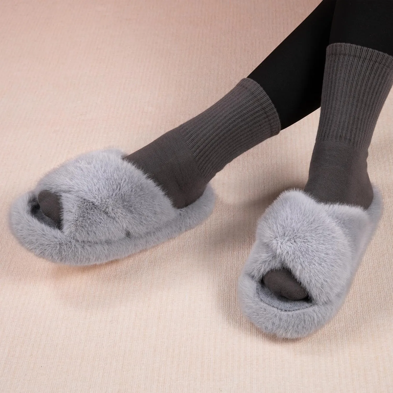 Women's Fuzzy Slippers House Slippers Memory Foam Bedroom Shoes Open Toe, Cross Band
