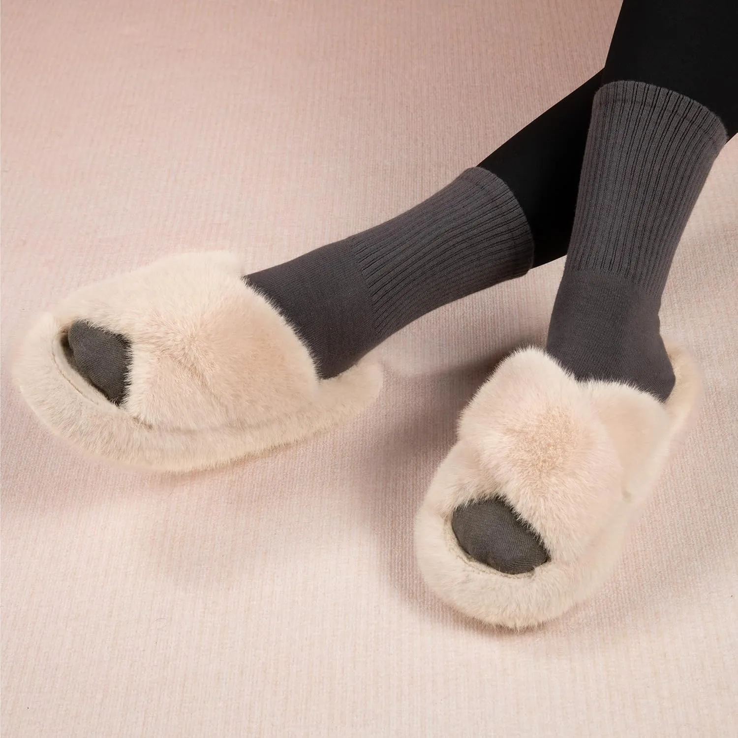 Women's Fuzzy Slippers House Slippers Memory Foam Bedroom Shoes Open Toe, Cross Band