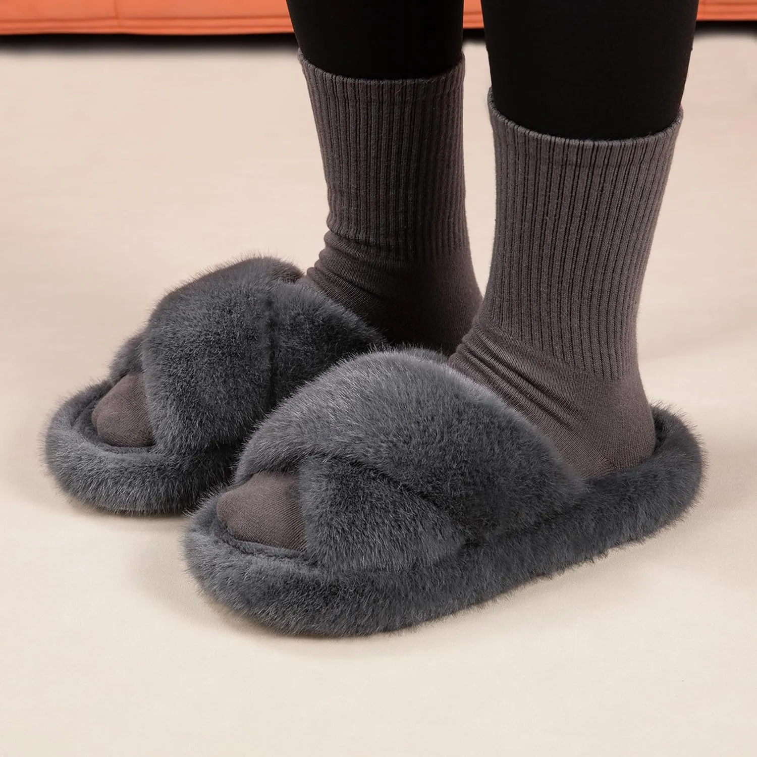Women's Fuzzy Slippers House Slippers Memory Foam Bedroom Shoes Open Toe, Cross Band