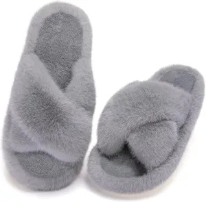 Women's Fuzzy Slippers House Slippers Memory Foam Bedroom Shoes Open Toe, Cross Band