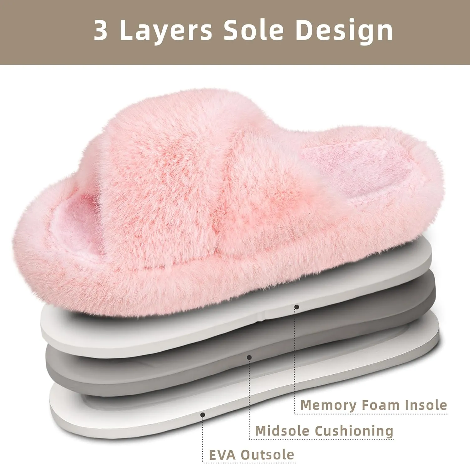Women's Fuzzy Slippers House Slippers Memory Foam Bedroom Shoes Open Toe, Cross Band