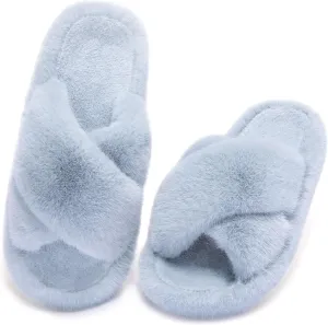 Women's Fuzzy Slippers House Slippers Memory Foam Bedroom Shoes Open Toe, Cross Band