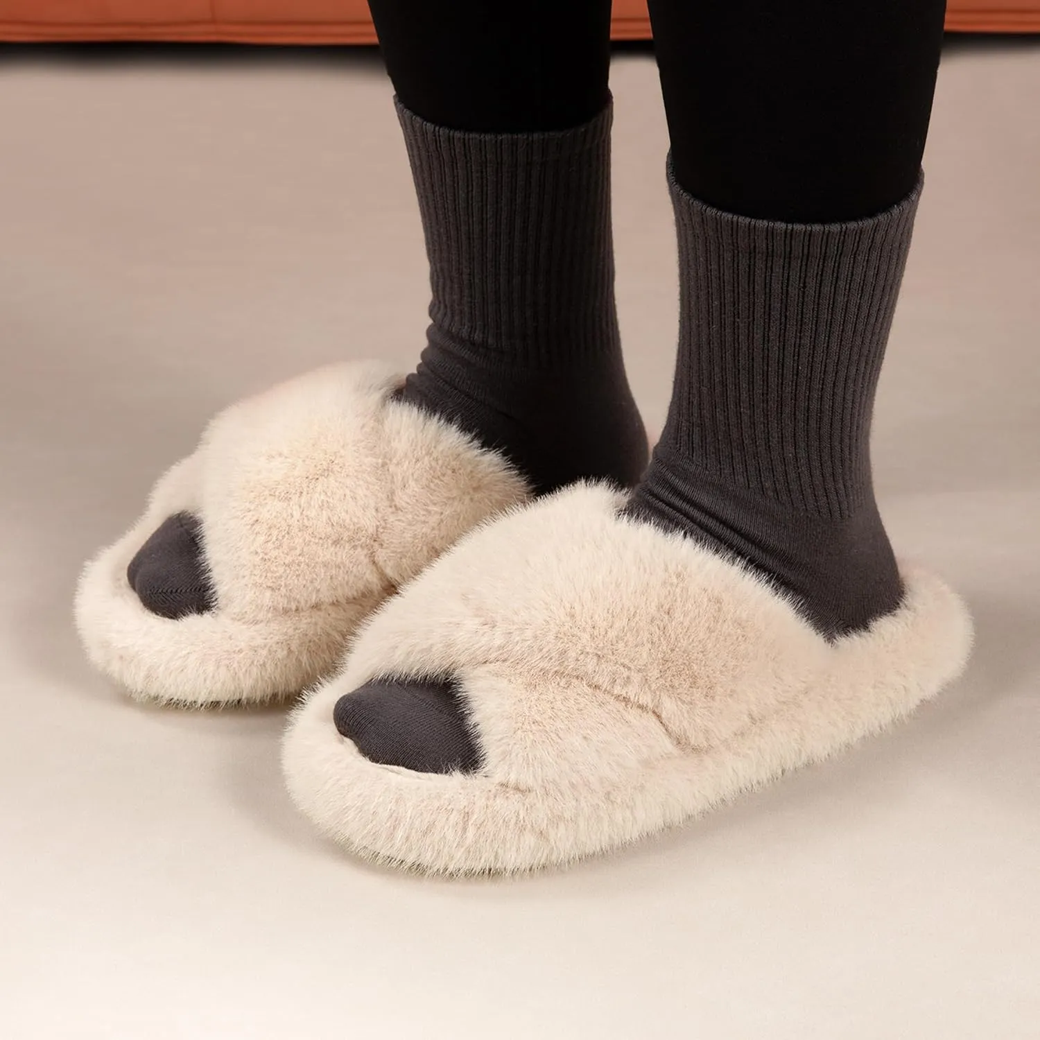 Women's Fuzzy Slippers House Slippers Memory Foam Bedroom Shoes Open Toe, Cross Band
