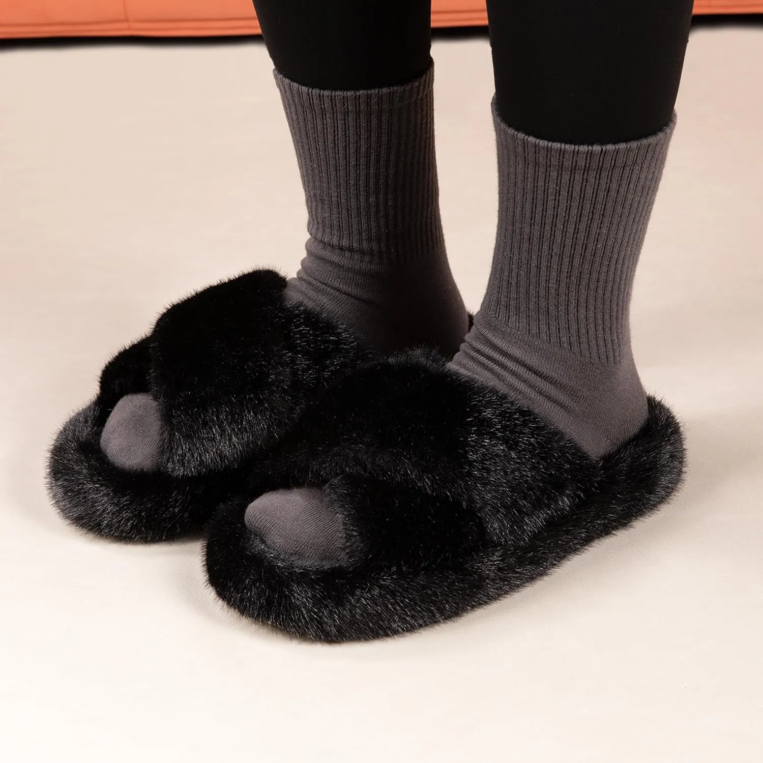 Women's Fuzzy Slippers House Slippers Memory Foam Bedroom Shoes Open Toe, Cross Band