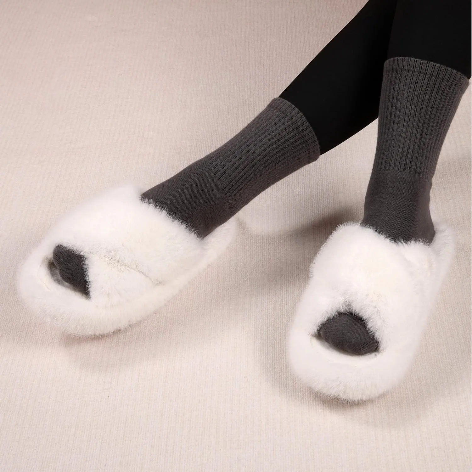 Women's Fuzzy Slippers House Slippers Memory Foam Bedroom Shoes Open Toe, Cross Band