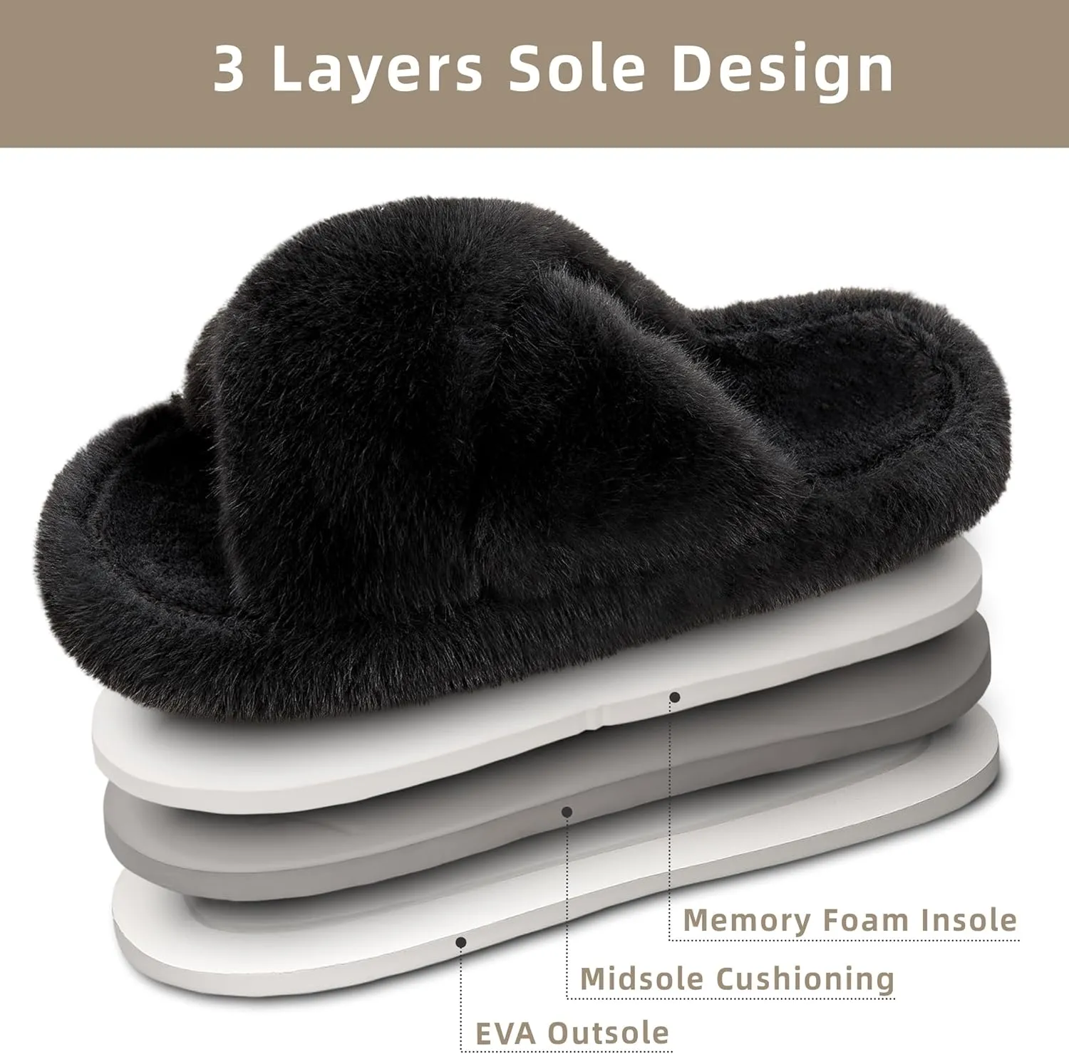 Women's Fuzzy Slippers House Slippers Memory Foam Bedroom Shoes Open Toe, Cross Band