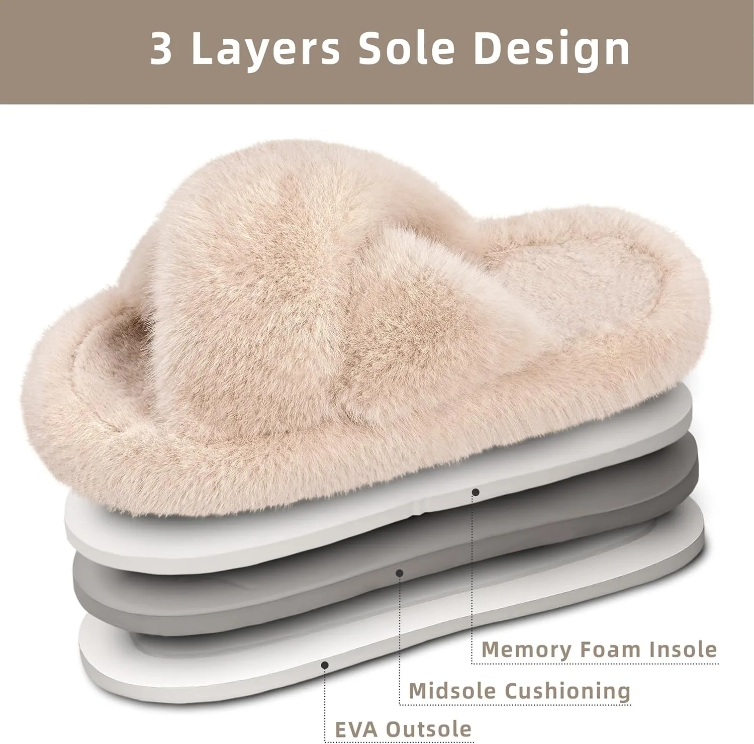 Women's Fuzzy Slippers House Slippers Memory Foam Bedroom Shoes Open Toe, Cross Band