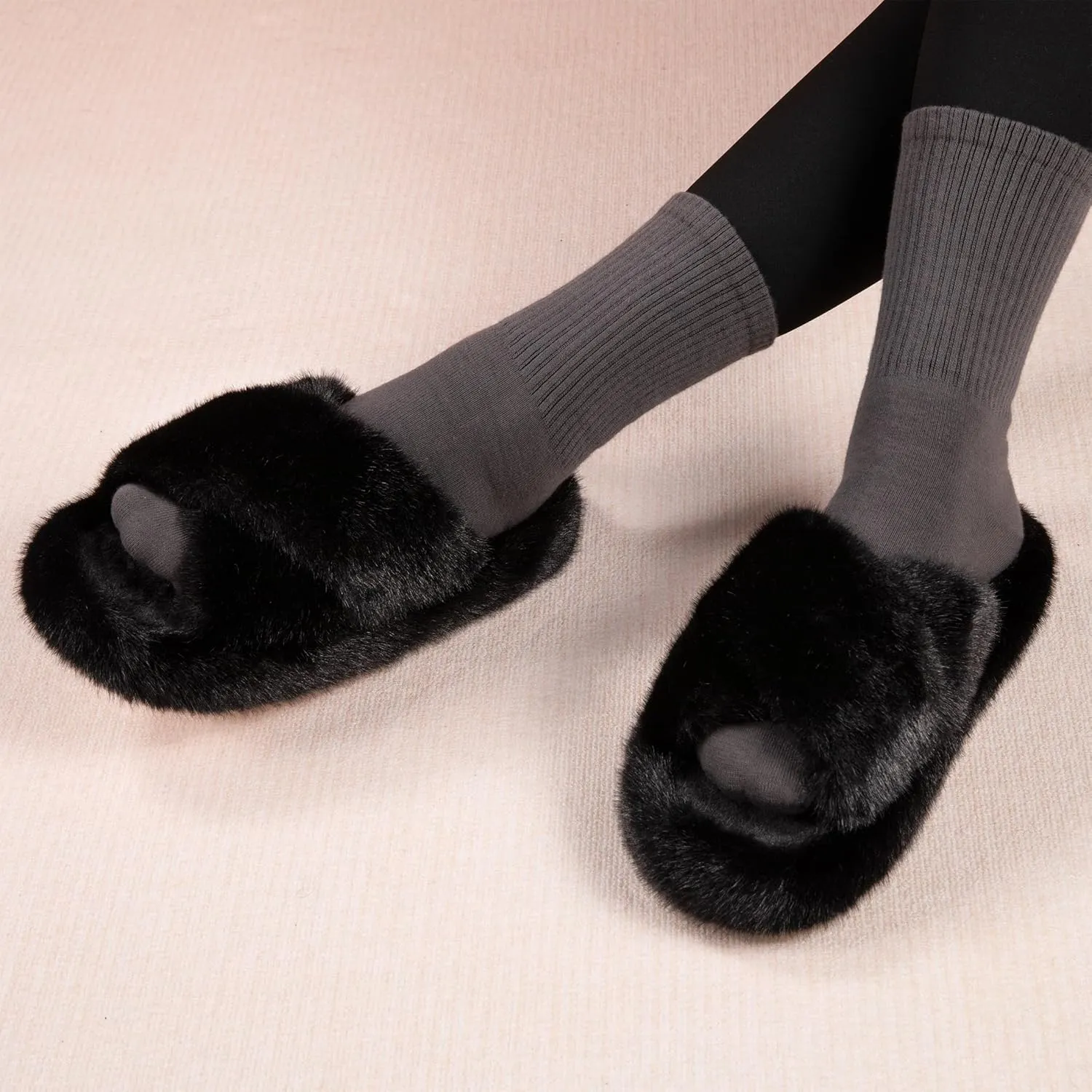 Women's Fuzzy Slippers House Slippers Memory Foam Bedroom Shoes Open Toe, Cross Band