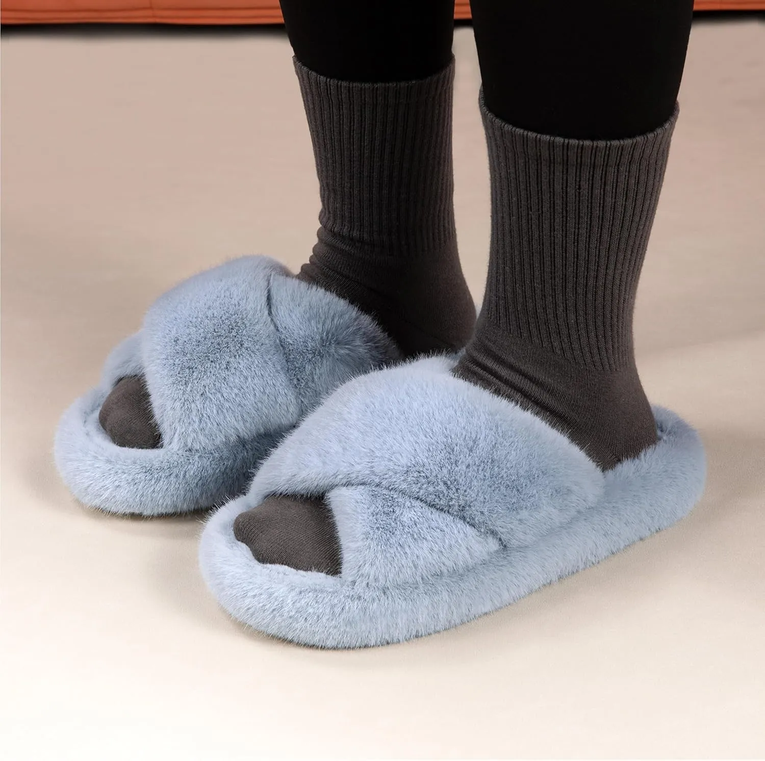 Women's Fuzzy Slippers House Slippers Memory Foam Bedroom Shoes Open Toe, Cross Band