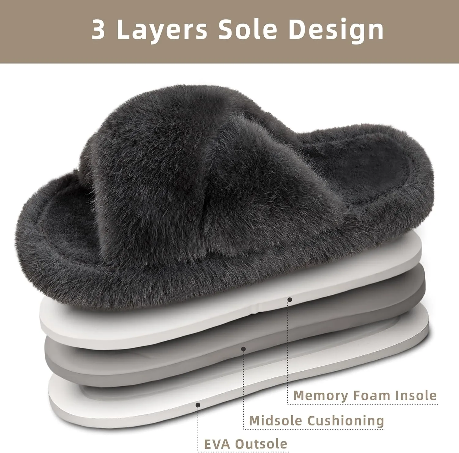 Women's Fuzzy Slippers House Slippers Memory Foam Bedroom Shoes Open Toe, Cross Band