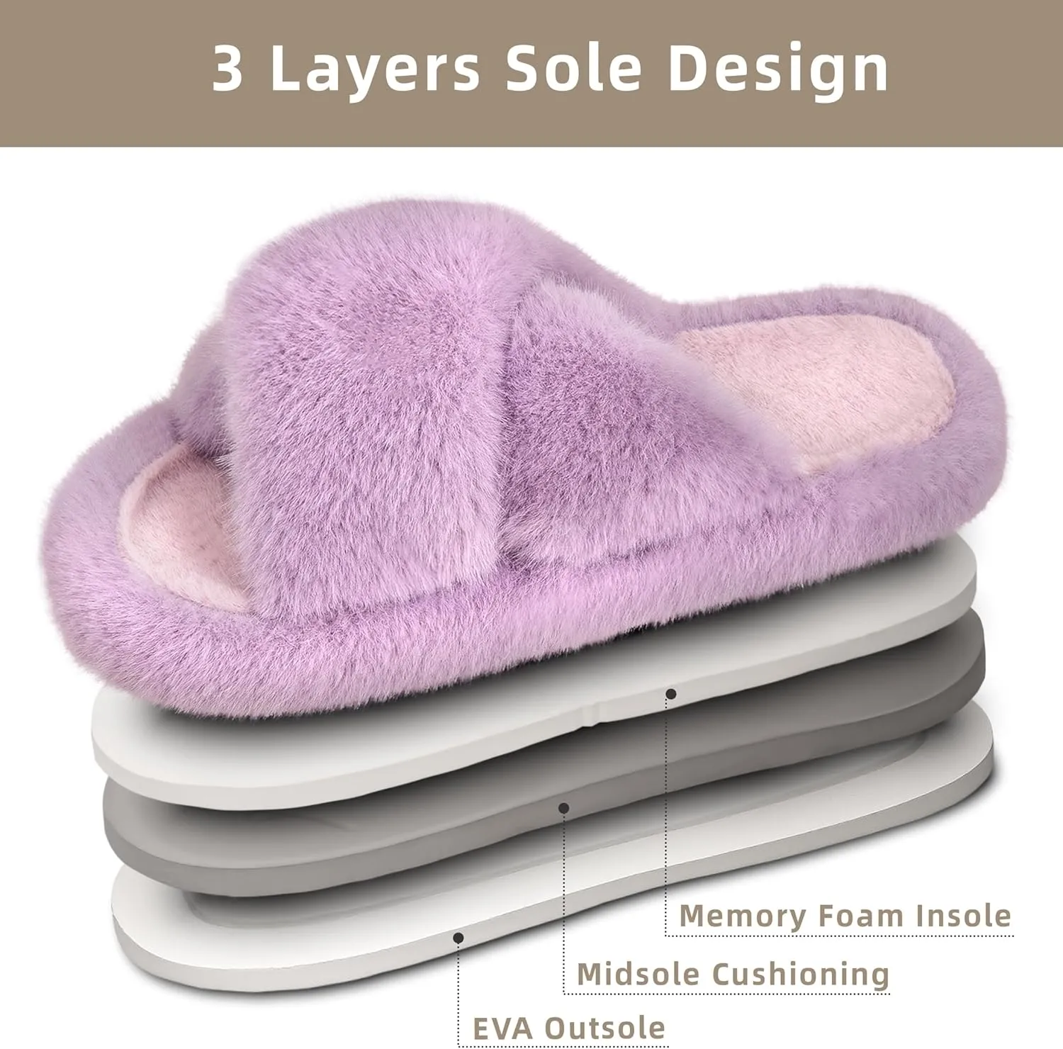 Women's Fuzzy Slippers House Slippers Memory Foam Bedroom Shoes Open Toe, Cross Band