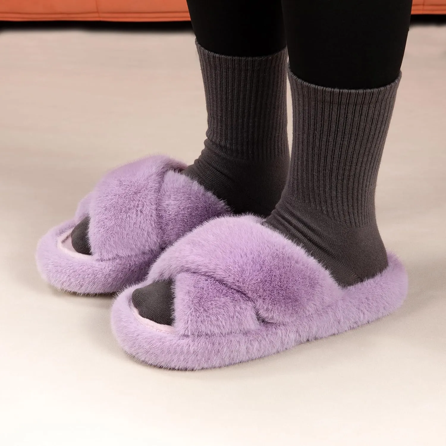 Women's Fuzzy Slippers House Slippers Memory Foam Bedroom Shoes Open Toe, Cross Band