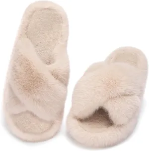 Women's Fuzzy Slippers House Slippers Memory Foam Bedroom Shoes Open Toe, Cross Band