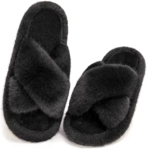 Women's Fuzzy Slippers House Slippers Memory Foam Bedroom Shoes Open Toe, Cross Band