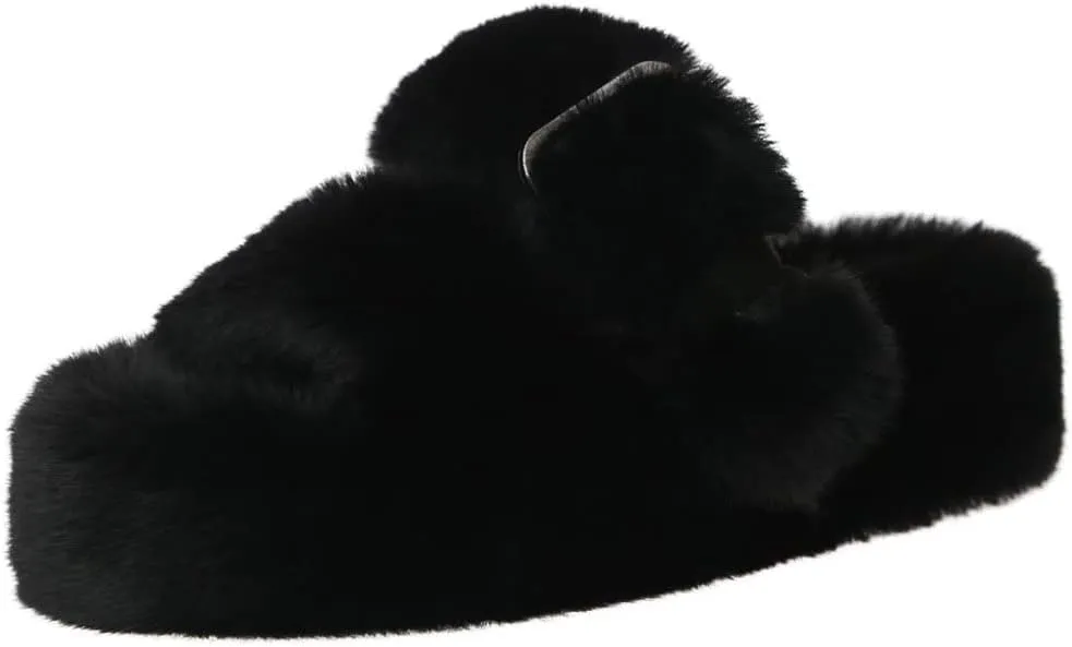 Women's Fuzzy Slippers Open Toe Fur Slides Fluffy Plush Slippers Furry Slip On Slippers House Shoes