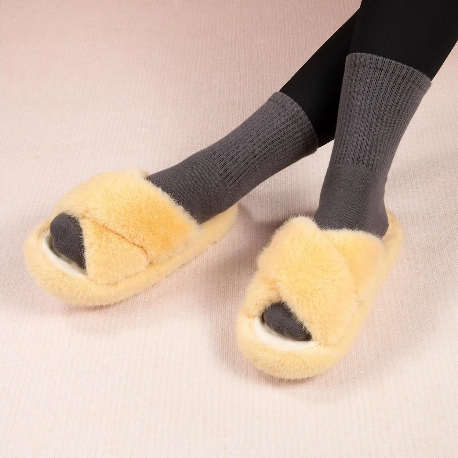 Women's Fuzzy Slippers Open Toe House Slippers Memery Foam Bedroom Slippers Cross Band Slippers for Indoor and Outdoor